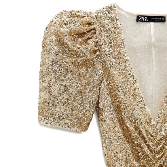 Zara Limited Edition (Rare) Sequinned Dress with Draped Detail in Gold - Picture 9 of 11